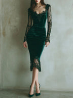 Green velvet long sleeve lace midi dress with ruched waist and sheer lace hem - view 2
