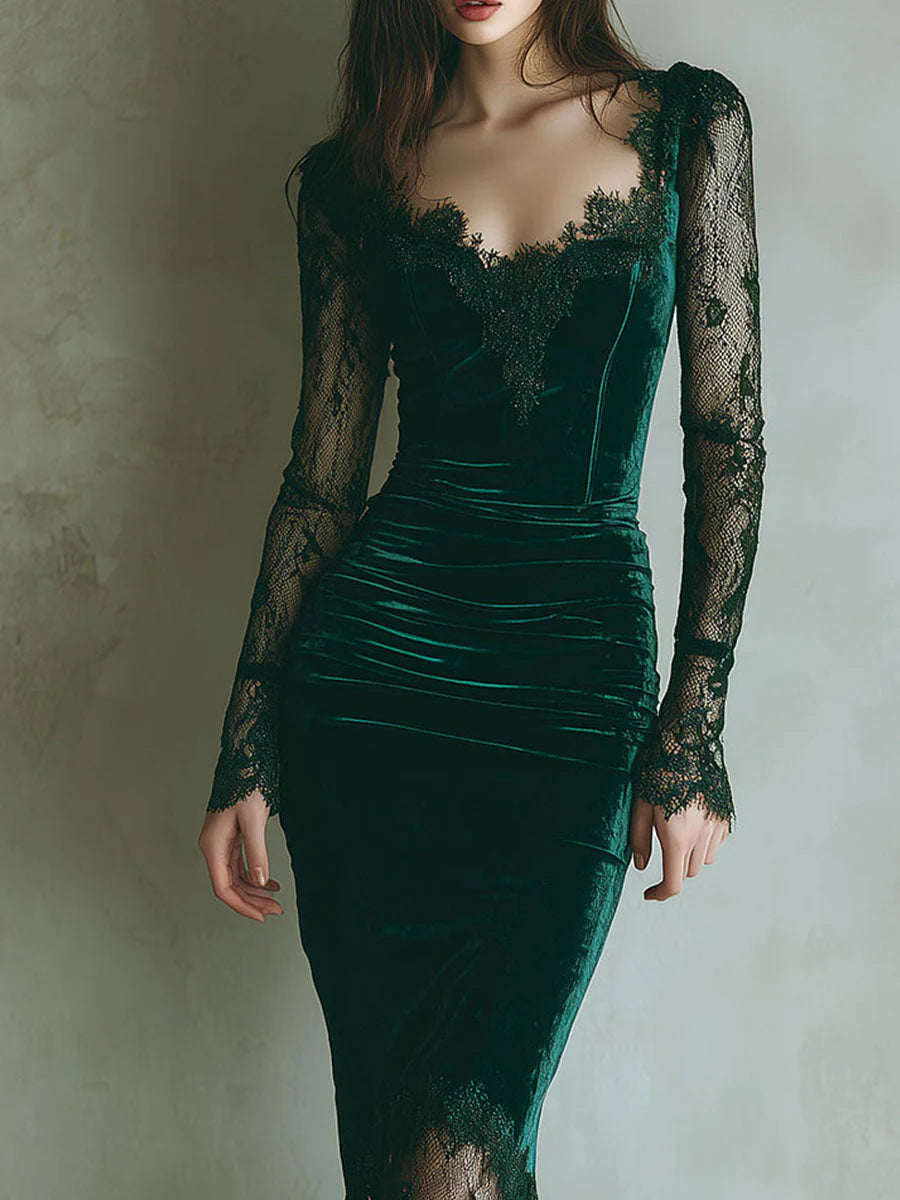 Green velvet long sleeve lace midi dress with ruched waist and sheer lace hem - view 3