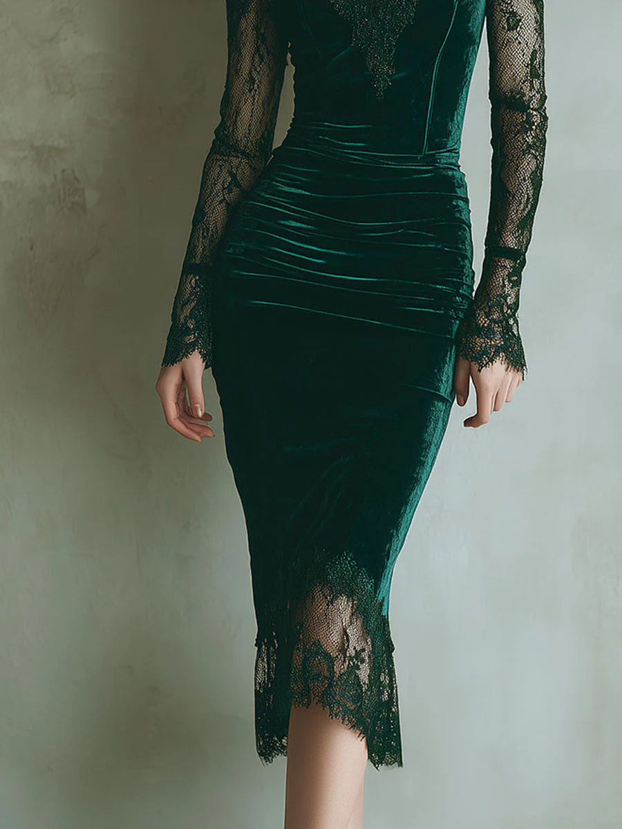 Green velvet long sleeve lace midi dress with ruched waist and sheer lace hem - view 4