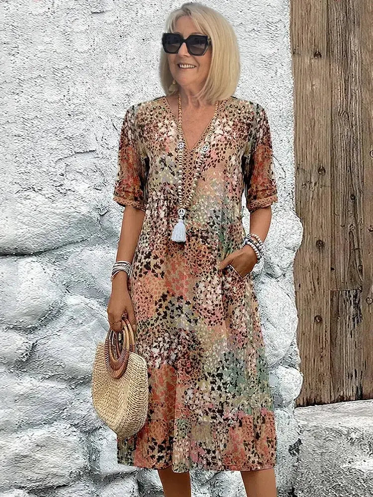 Oaklyn Abstract Floral Midi Dress – V-Neck Elbow Sleeve Boho Summer Style oaklynwear