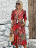 Oaklyn Abstract Floral Midi Dress – V-Neck Elbow Sleeve Boho Summer Style oaklynwear