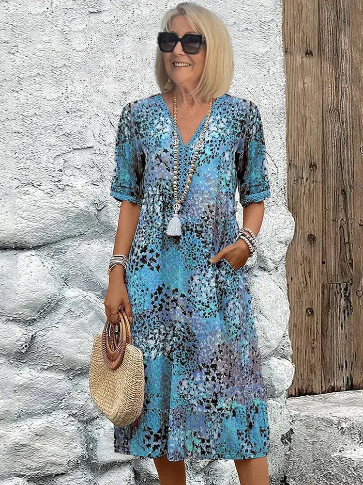Oaklyn Abstract Floral Midi Dress – V-Neck Elbow Sleeve Boho Summer Style oaklynwear