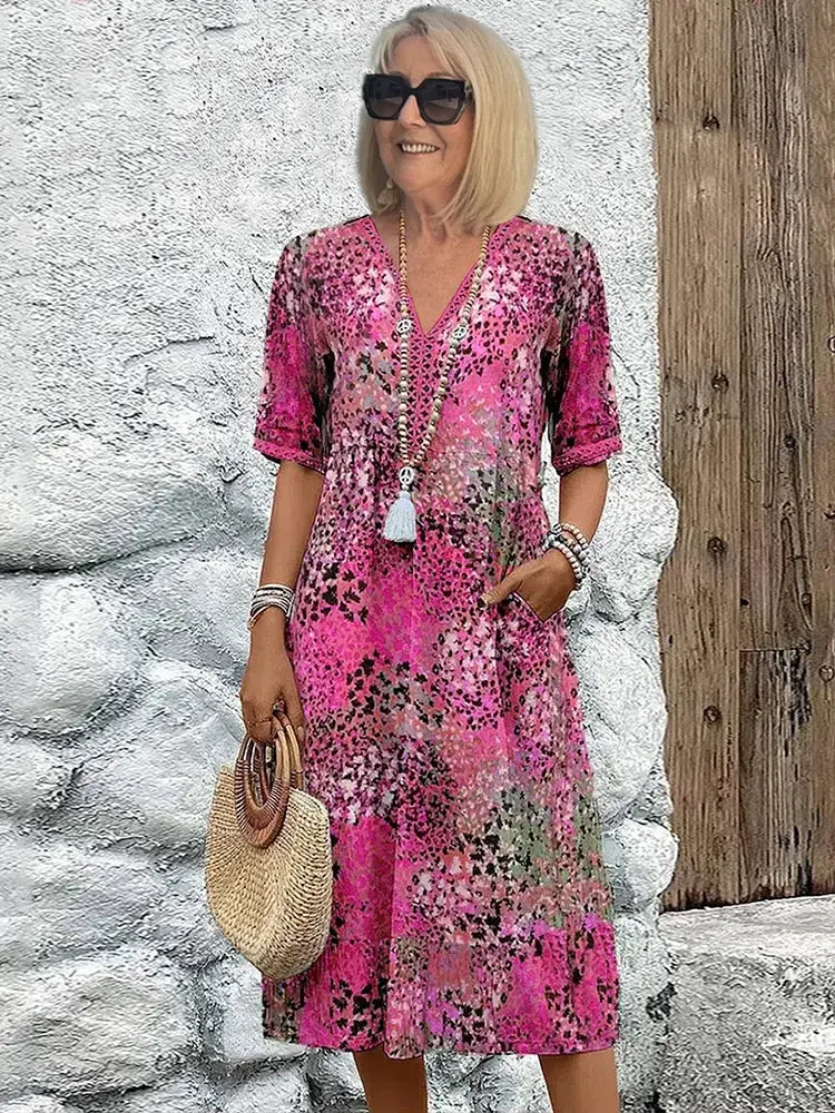 Oaklyn Abstract Floral Midi Dress – V-Neck Elbow Sleeve Boho Summer Style oaklynwear