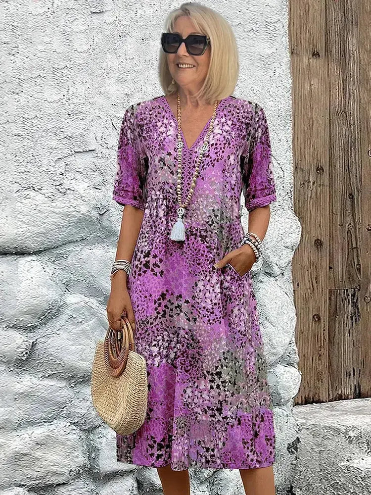Oaklyn Abstract Floral Midi Dress – V-Neck Elbow Sleeve Boho Summer Style oaklynwear