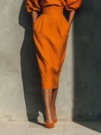 Claudia | Women's Orange Mid-Sleeve Top And Midi Skirt Set oaklynwear