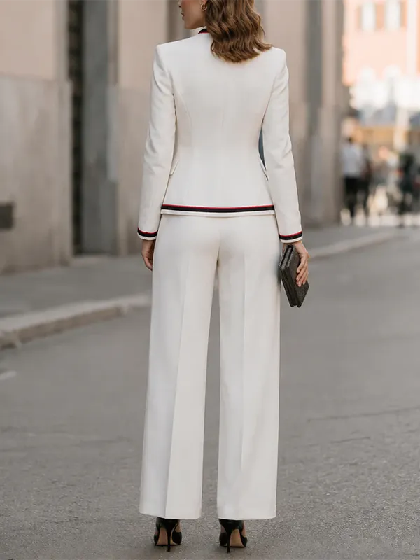 Off-White Stand Collar Contrast Piping Trim Blazer & Wide-Leg Trousers 2-Piece Suit oaklynwear