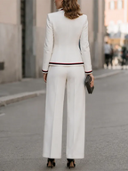 Off-White Stand Collar Contrast Piping Trim Blazer & Wide-Leg Trousers 2-Piece Suit oaklynwear
