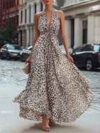 Leopard Print Halter Neck Flowing Maxi Dress oaklynwear