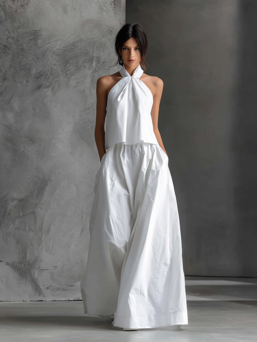 Daisy | Women's Casual White Cotton and Linen Halter-Neck Sleeveless Top and Skirt Set oaklynwear