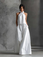 Daisy | Women's Casual White Cotton and Linen Halter-Neck Sleeveless Top and Skirt Set oaklynwear