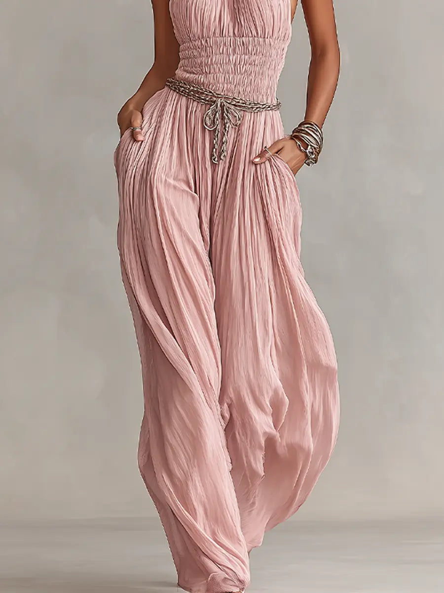 Rosa | Women's Blush Pleated Jumpsuit With Halter Neck & Ruched Waist oaklynwear