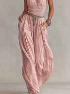 Rosa | Women's Blush Pleated Jumpsuit With Halter Neck & Ruched Waist oaklynwear