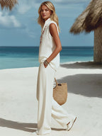 Flora | Floral Embroidered Top Wide-Leg Pants Set oaklynwear