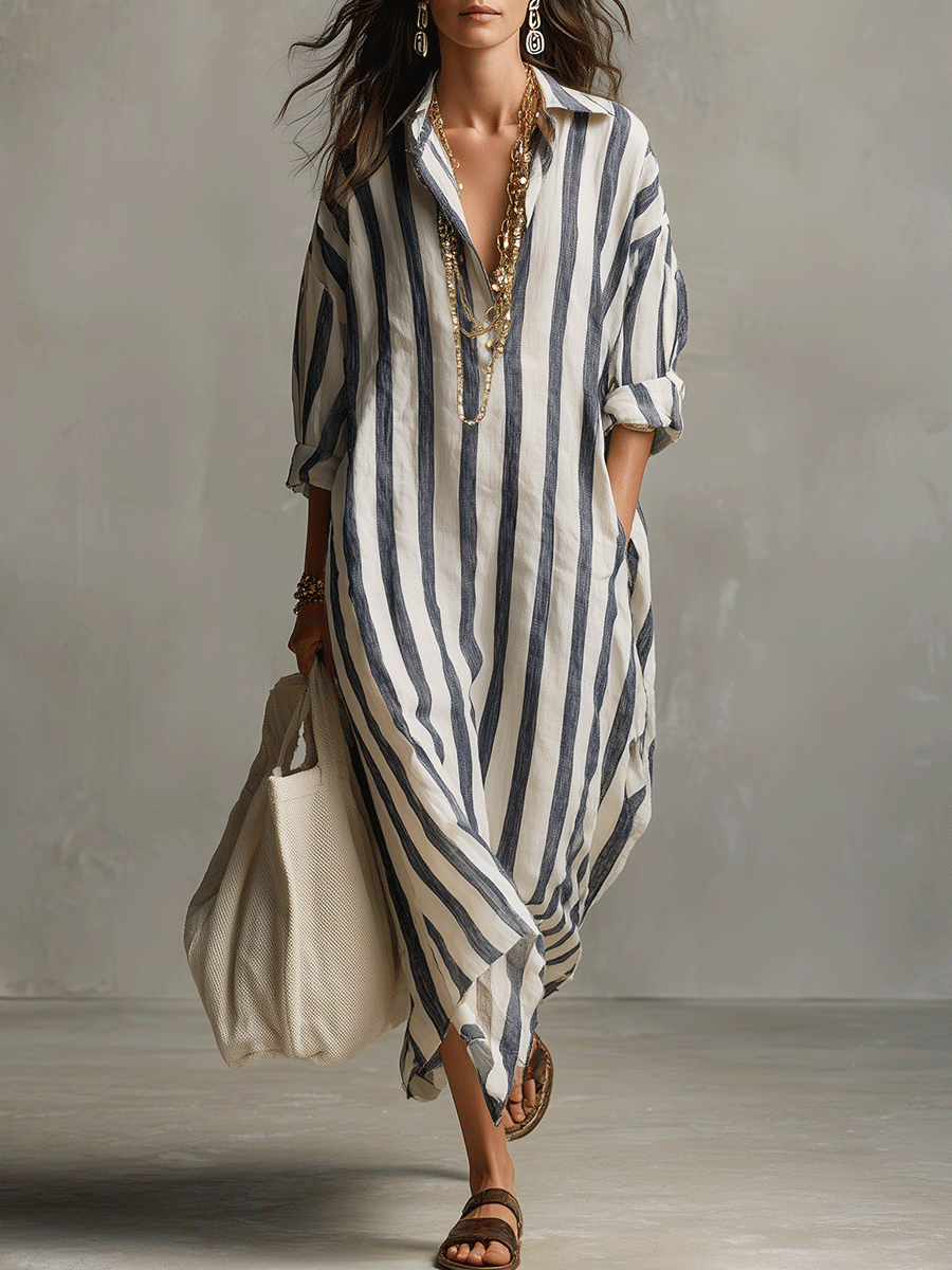 Casual Striped Shirt Bohemian Style Maxi Dress oaklynwear