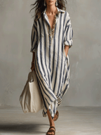 Casual Striped Shirt Bohemian Style Maxi Dress oaklynwear