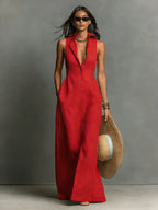 Claudette | Women's Minimalist Linen-Blend Collared Single-Breasted Sleeveless Maxi Shirt Dress oaklynwear