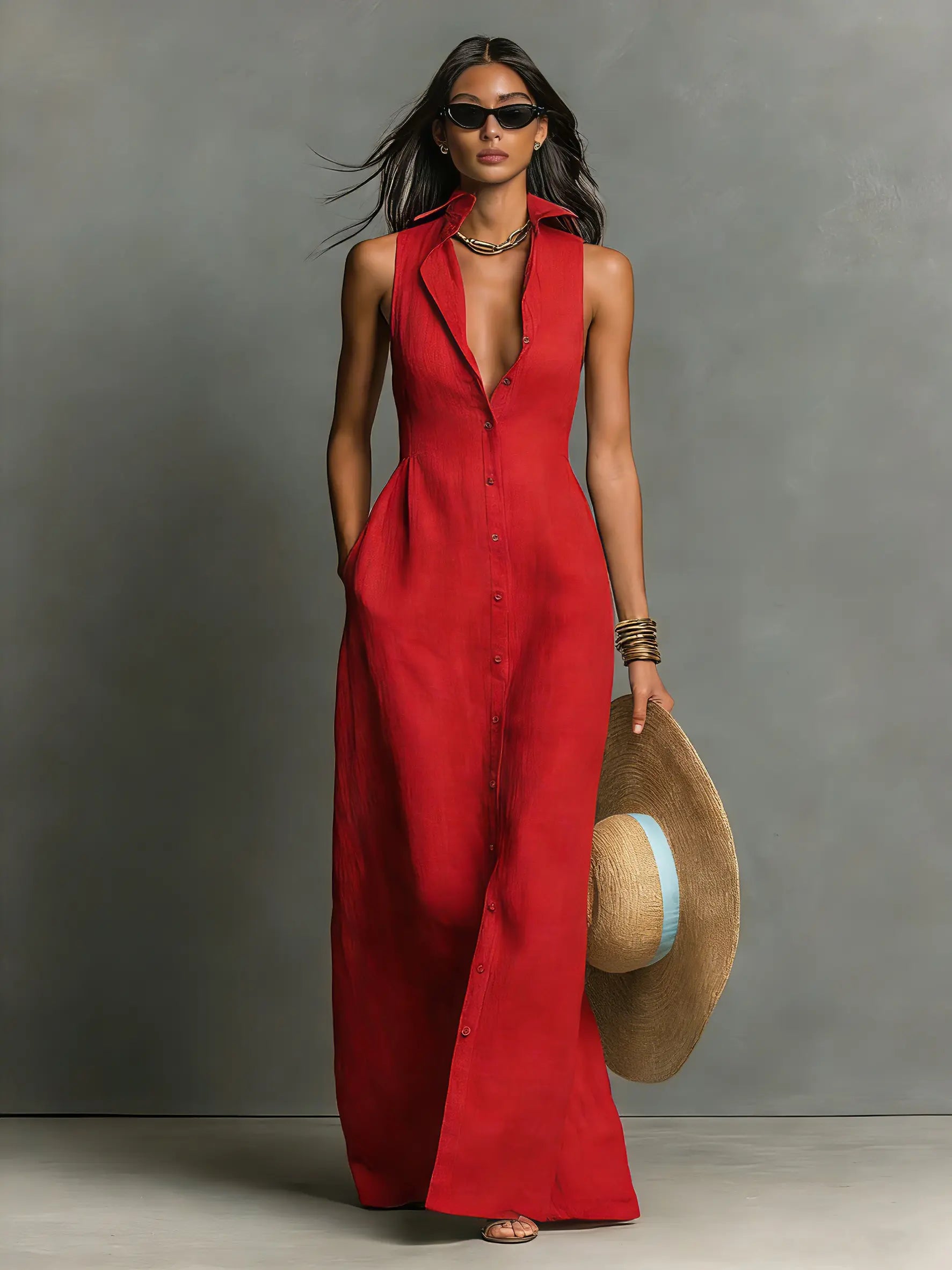 Claudette | Women's Minimalist Linen-Blend Collared Single-Breasted Sleeveless Maxi Shirt Dress oaklynwear