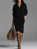Ribbed button collar sweater dress for women worn with knee-high boots - view 3