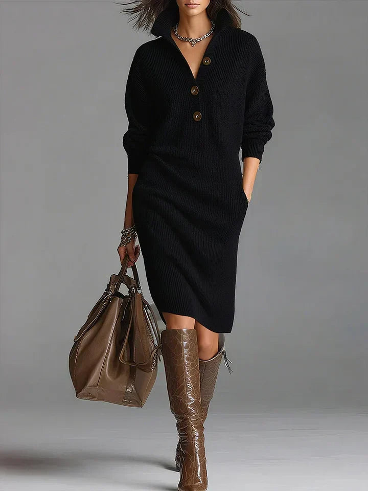 Ribbed button collar sweater dress for women worn with knee-high boots - view 3