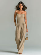 ElevenOra Chic Casual Camel Strappy Sleeveless Tailored Waist Wide Leg Ribbed Knit Jumpsuit oaklynwear