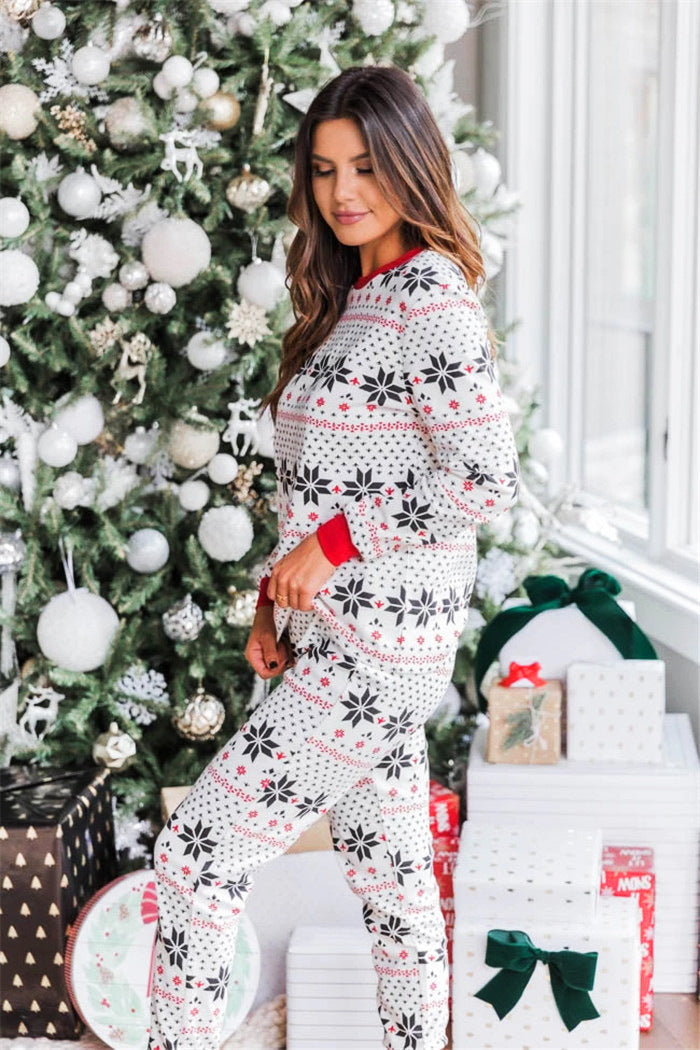 White snowflake print family Christmas pajamas with red cuffs - view 2