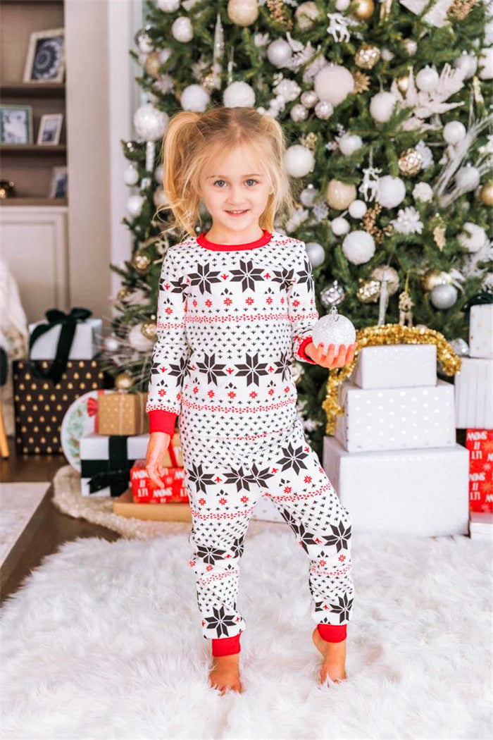 White snowflake print family Christmas pajamas with red cuffs - view 3