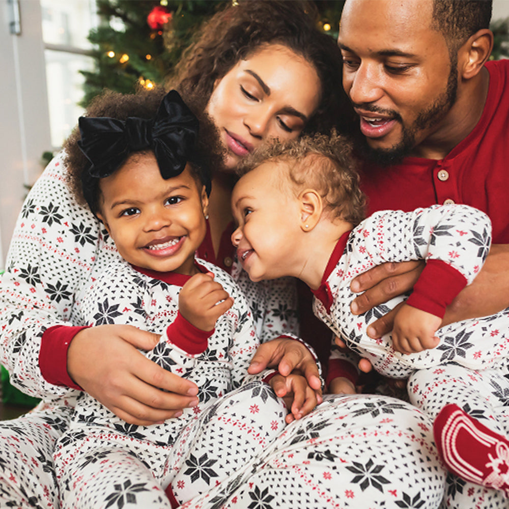 White snowflake print family Christmas pajamas with red cuffs - view 6