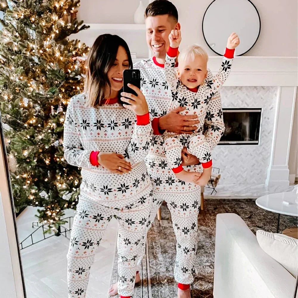 White snowflake print family Christmas pajamas with red cuffs - view 7