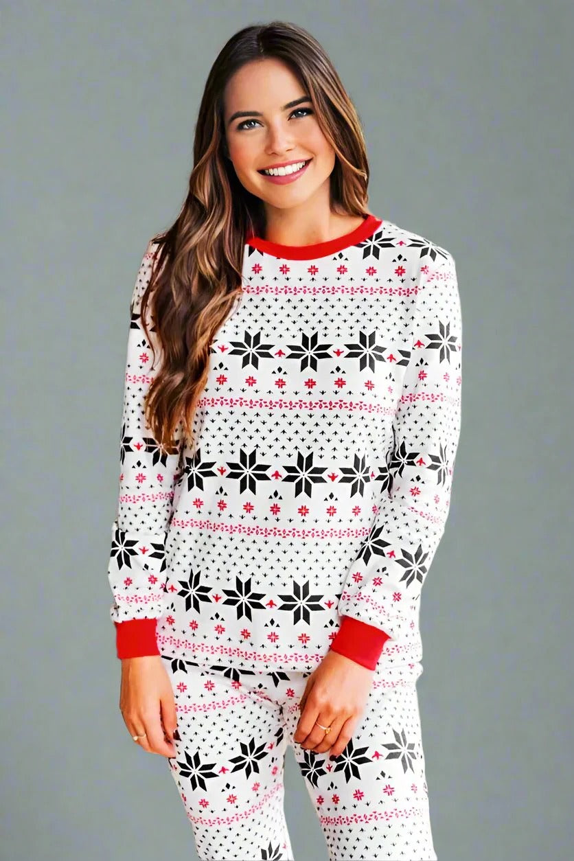 White snowflake print family Christmas pajamas with red cuffs - view 8