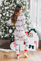 White snowflake print family Christmas pajamas with red cuffs - view 9
