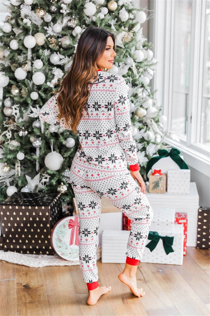 White snowflake print family Christmas pajamas with red cuffs - view 9