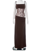 Woman wearing a fitted lace panel maxi dress with tie straps and straight neckline - view 10