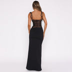 Woman wearing a fitted lace panel maxi dress with tie straps and straight neckline - view 7