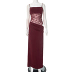 Woman wearing a fitted lace panel maxi dress with tie straps and straight neckline - view 9