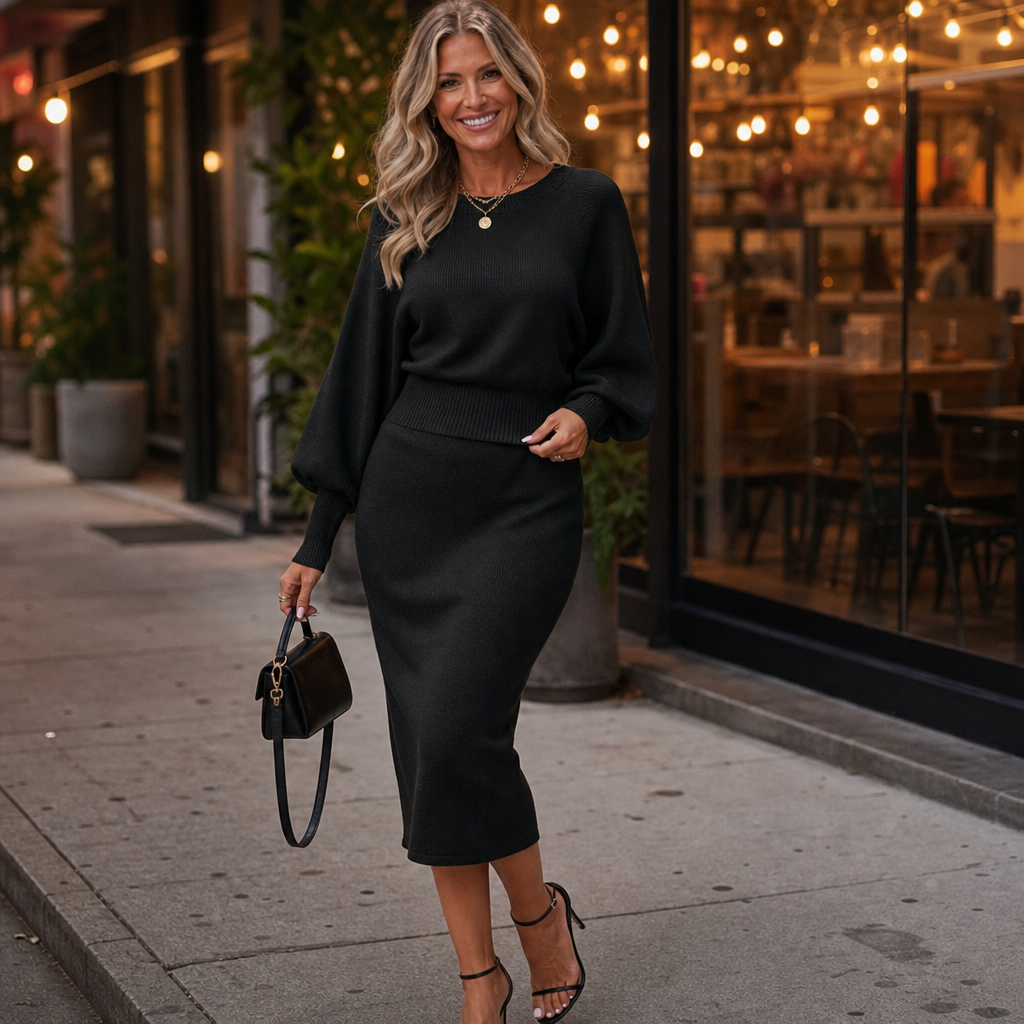 Knit batwing sleeve top with matching fitted midi skirt - view 3