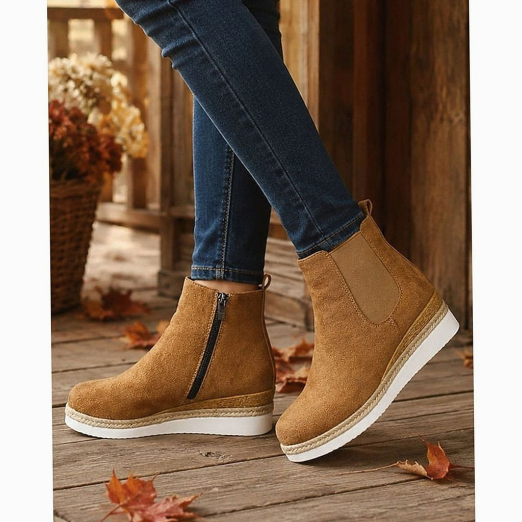 Women's tan faux suede wedge Chelsea boots with side zip and braided trim sole