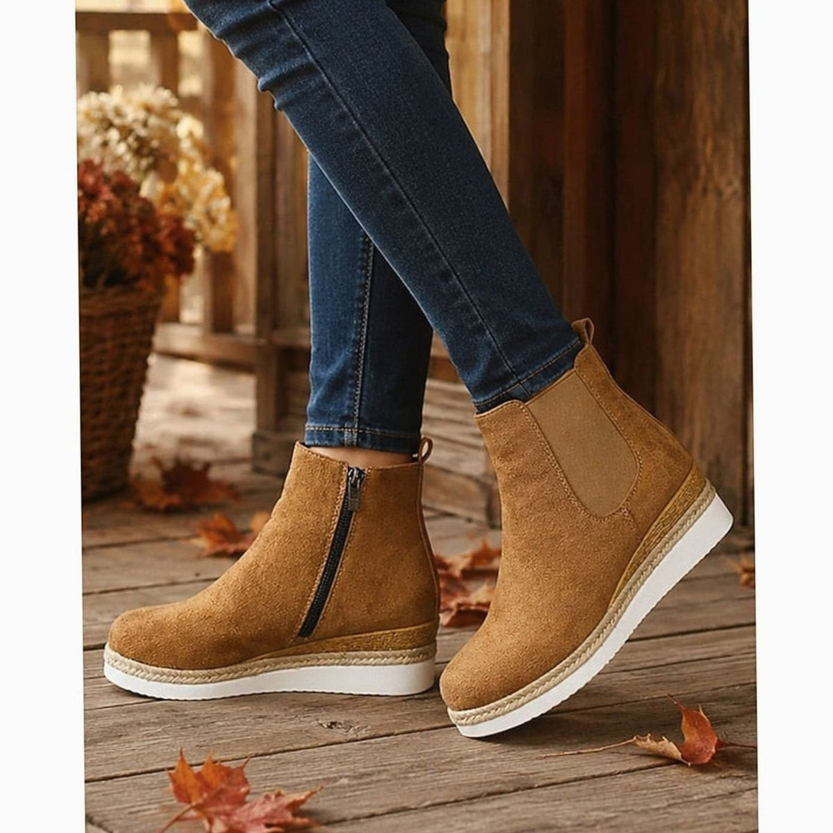 Women's tan faux suede wedge Chelsea boots with side zip and braided trim sole