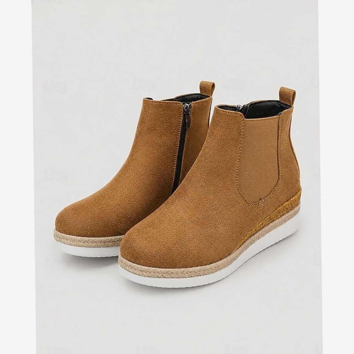 Women's tan faux suede wedge Chelsea boots with side zip and braided trim sole - view 2