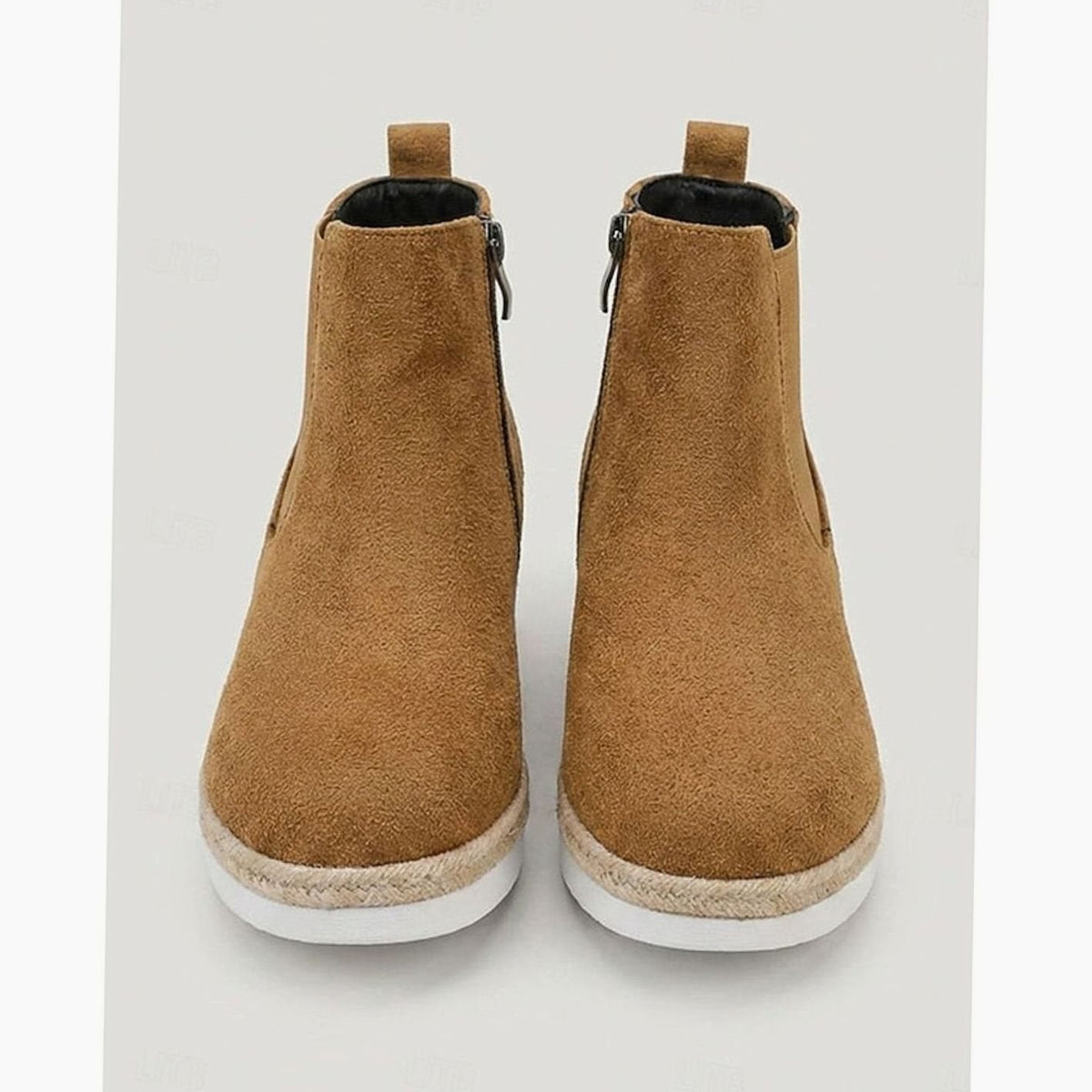 Women's tan faux suede wedge Chelsea boots with side zip and braided trim sole - view 3