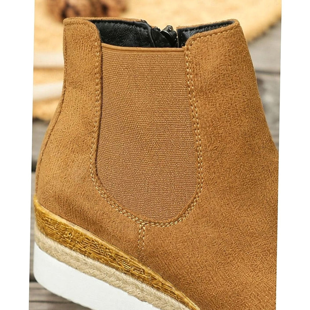 Women's tan faux suede wedge Chelsea boots with side zip and braided trim sole - view 4
