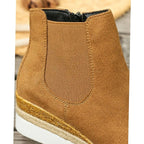 Women's tan faux suede wedge Chelsea boots with side zip and braided trim sole - view 4