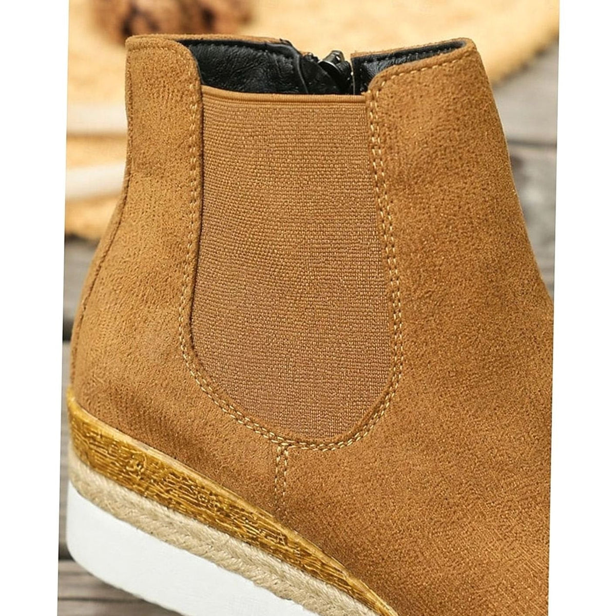 Women's tan faux suede wedge Chelsea boots with side zip and braided trim sole - view 4