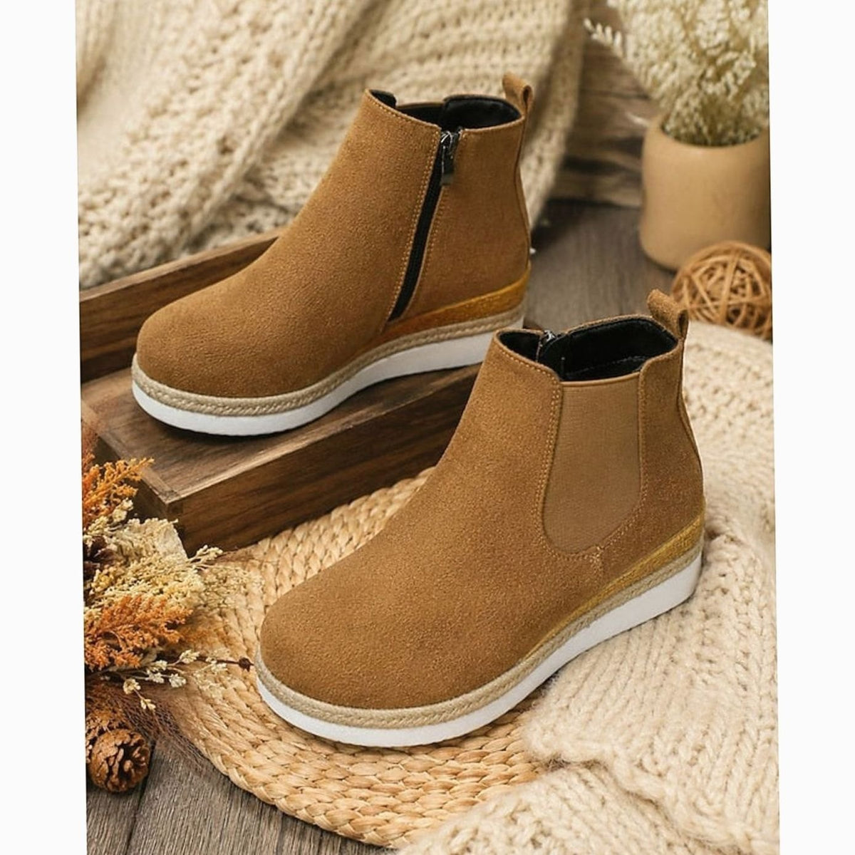 Women's tan faux suede wedge Chelsea boots with side zip and braided trim sole - view 5