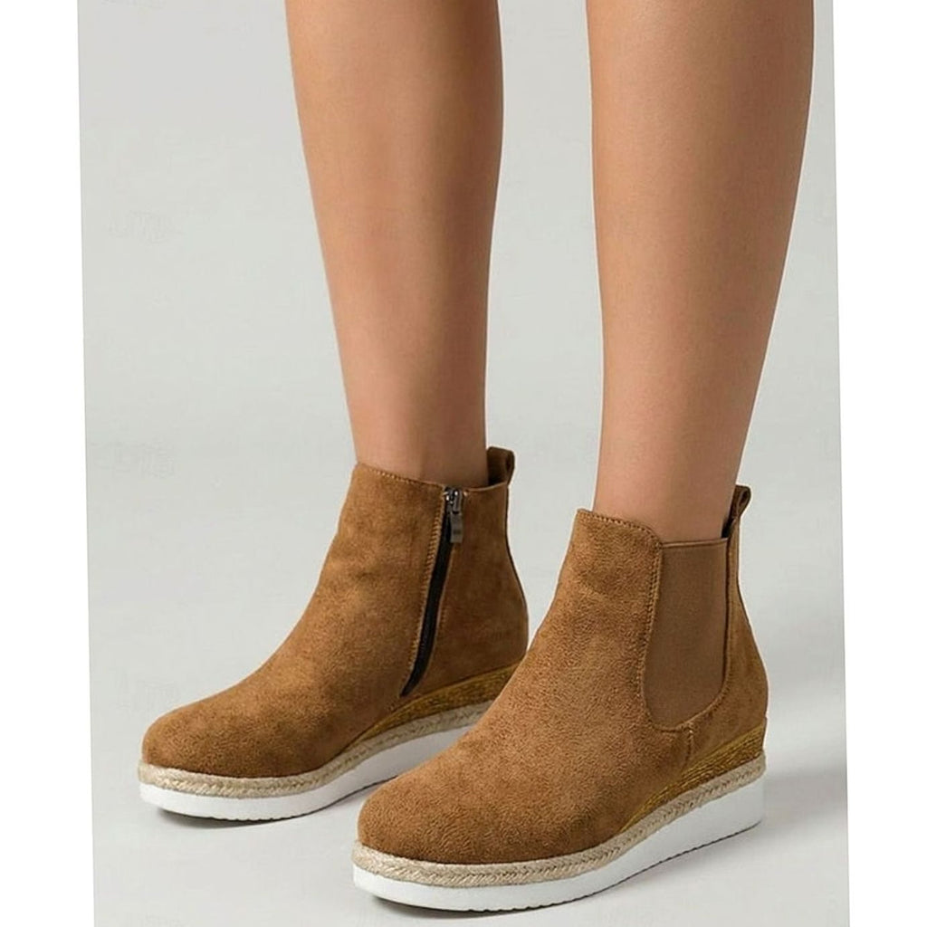 Women's tan faux suede wedge Chelsea boots with side zip and braided trim sole - view 6