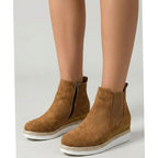 Women's tan faux suede wedge Chelsea boots with side zip and braided trim sole - view 6