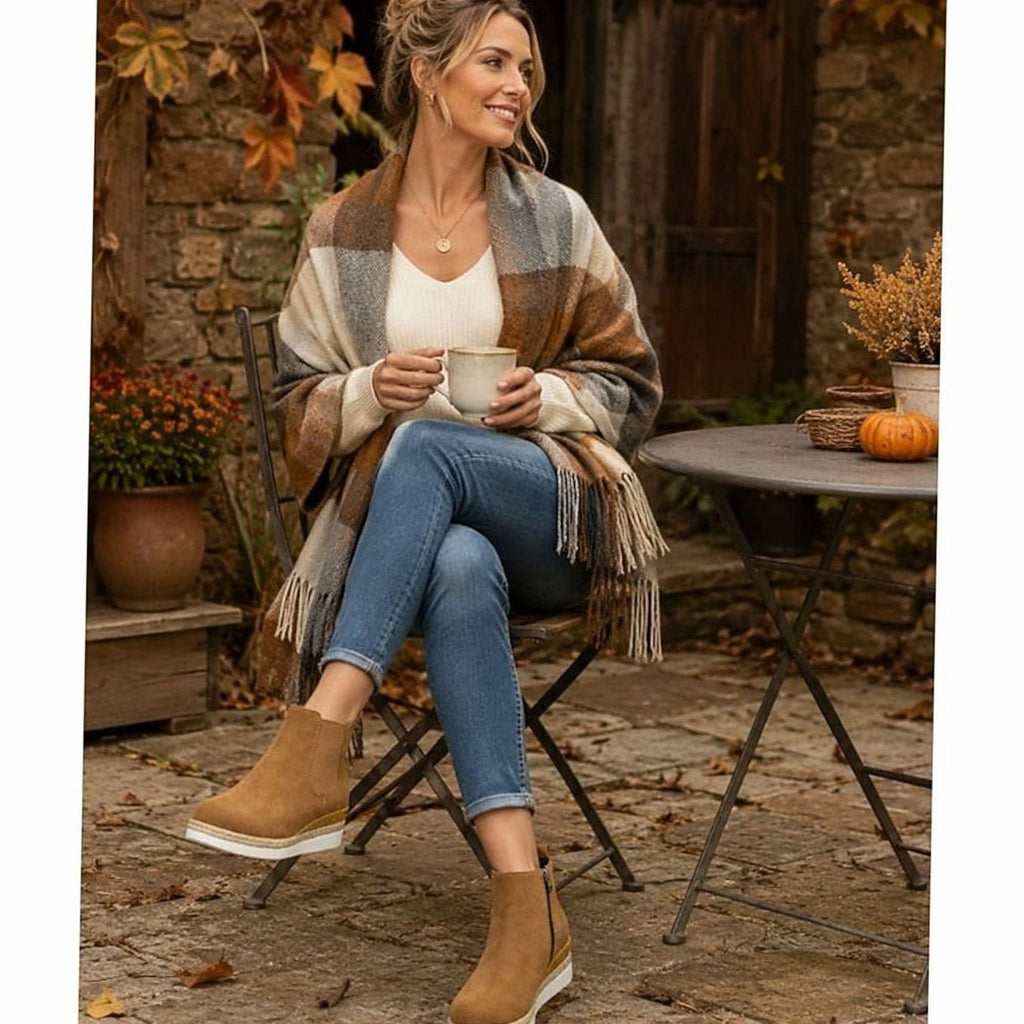 Women's tan faux suede wedge Chelsea boots with side zip and braided trim sole - view 7
