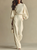 Ivory long sleeve top and pleated wide leg pants set with striped balloon sleeves