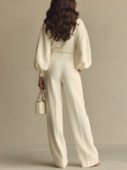 Ivory long sleeve top and pleated wide leg pants set with striped balloon sleeves - view 2