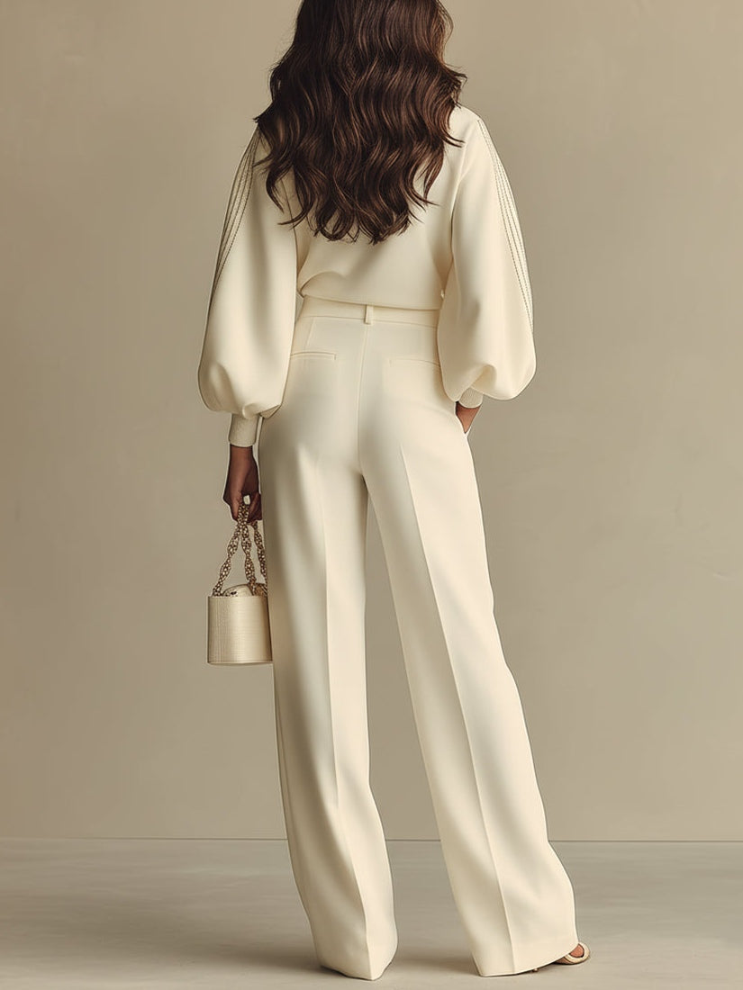 Ivory long sleeve top and pleated wide leg pants set with striped balloon sleeves - view 2