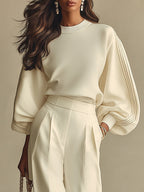 Ivory long sleeve top and pleated wide leg pants set with striped balloon sleeves - view 3
